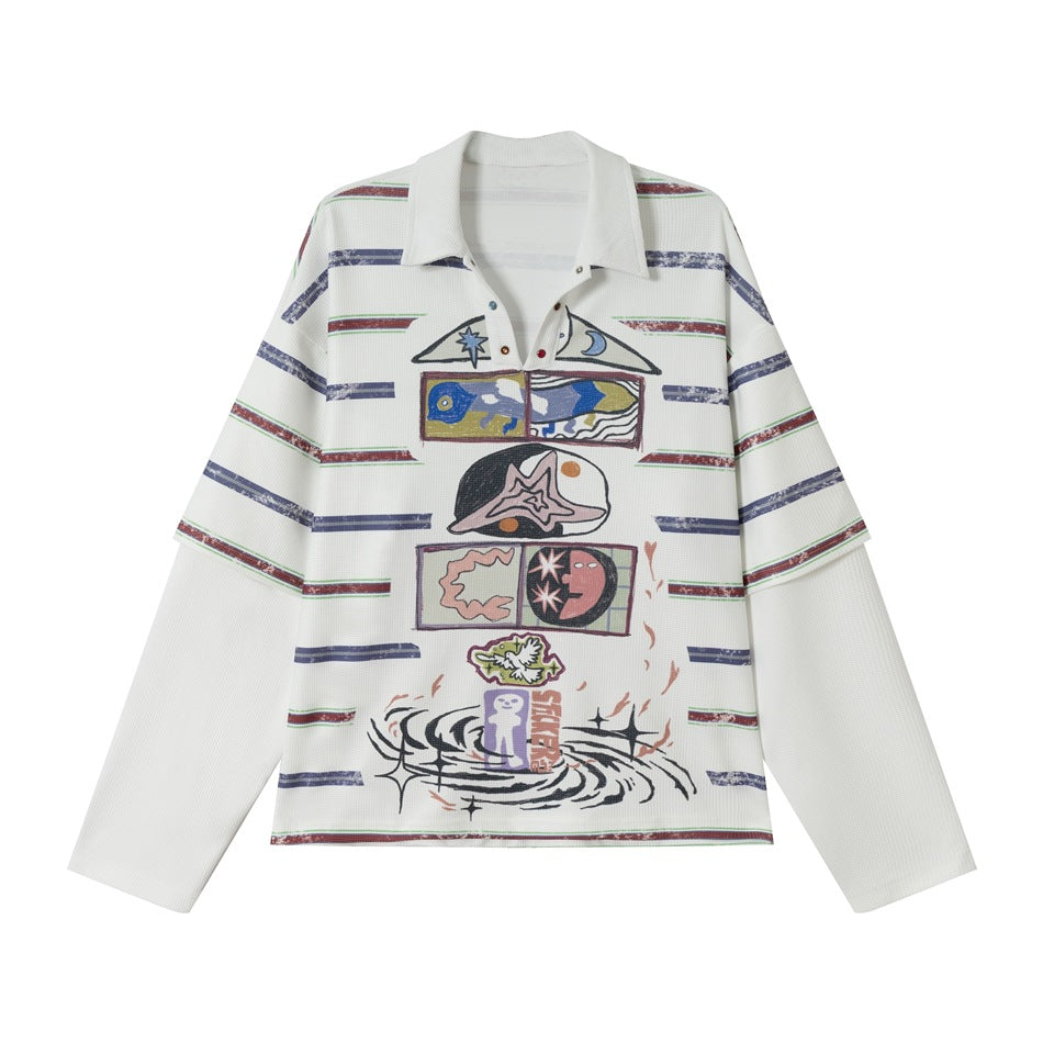 Women Waffle Polo Shirt with Graphic Print, Stripes and Half Snap Placket Mune Fashion