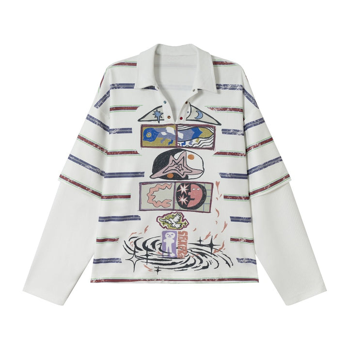 Women Waffle Polo Shirt with Graphic Print, Stripes and Half Snap Placket Mune Fashion