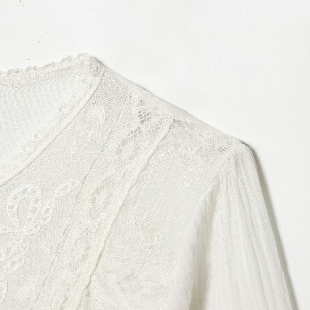 Women’s Light Embroidery Blouse with Lace Collar, Tie Waist and Button Placket Mune Fashion