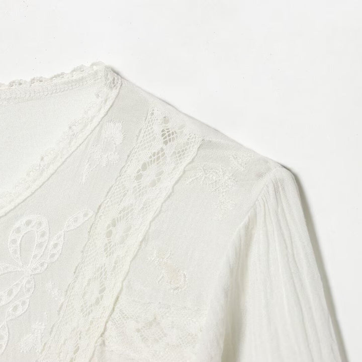 Women’s Light Embroidery Blouse with Lace Collar, Tie Waist and Button Placket Mune Fashion