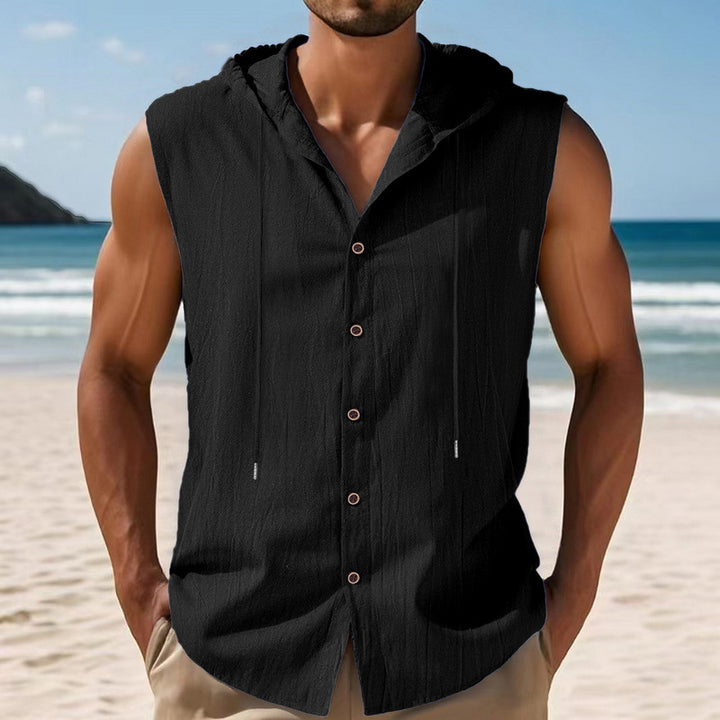 Men's sleeveless hooded shirt made of crepe-structured cotton blend with continuous button placket and drawstring Mune Fashion