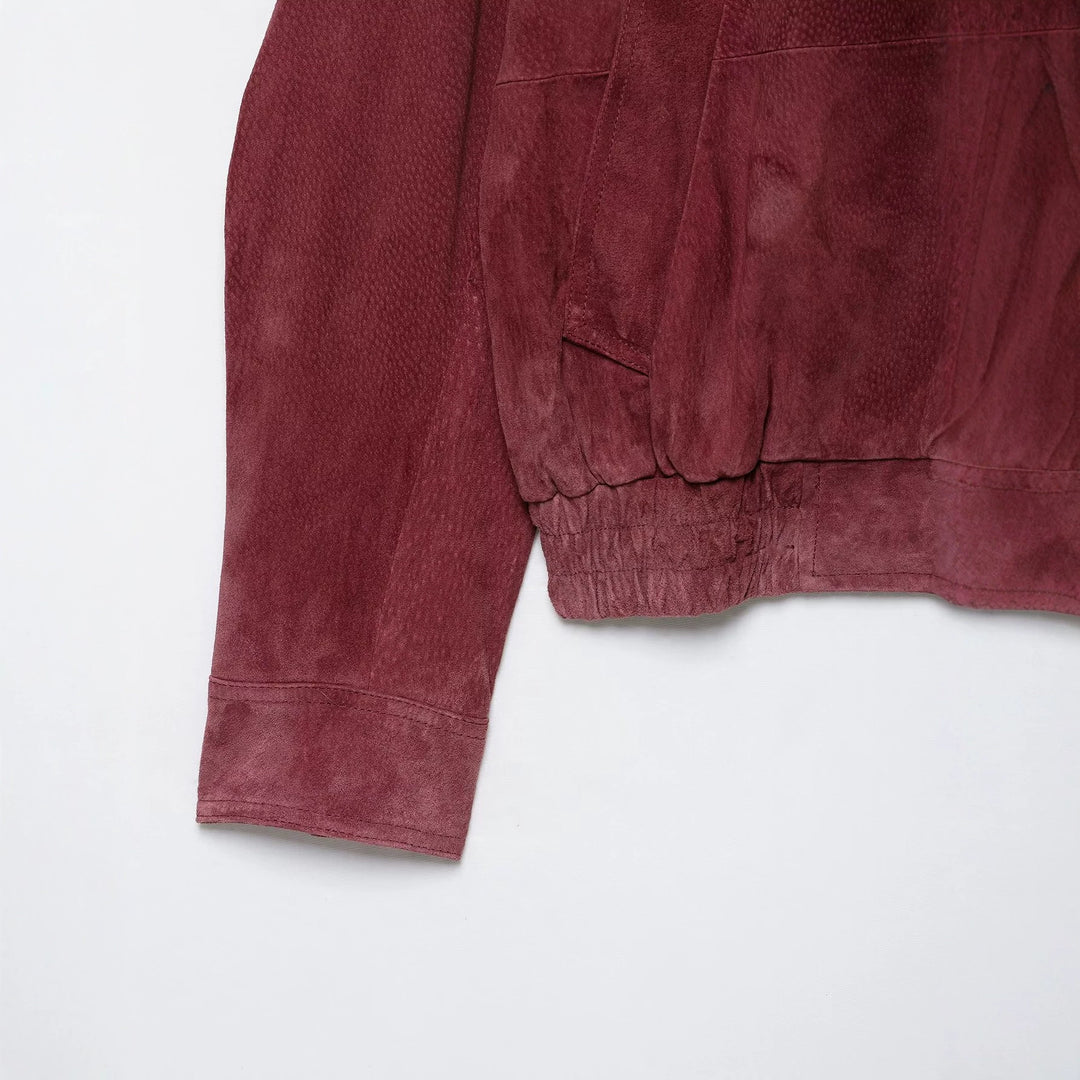 Women's Short Velour Leather Bomber with High Standing Collar and Elastic Hem