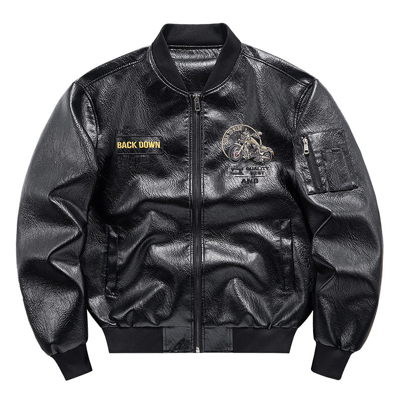 Men's faux leather bomber jacket with warming fleece lining, motorcycle embroidery and sleeve pocket Mune Fashion
