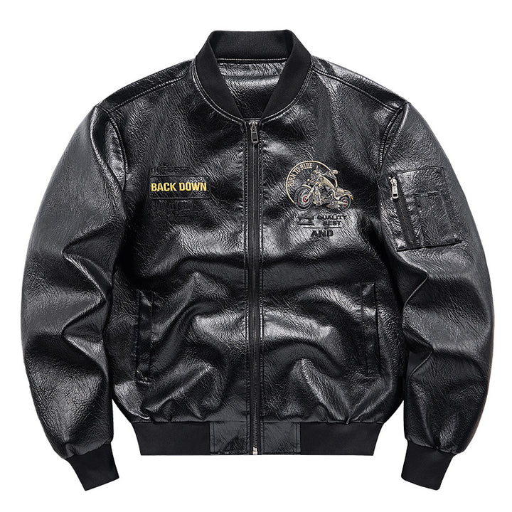 Men's faux leather bomber jacket with warming fleece lining, motorcycle embroidery and sleeve pocket Mune Fashion