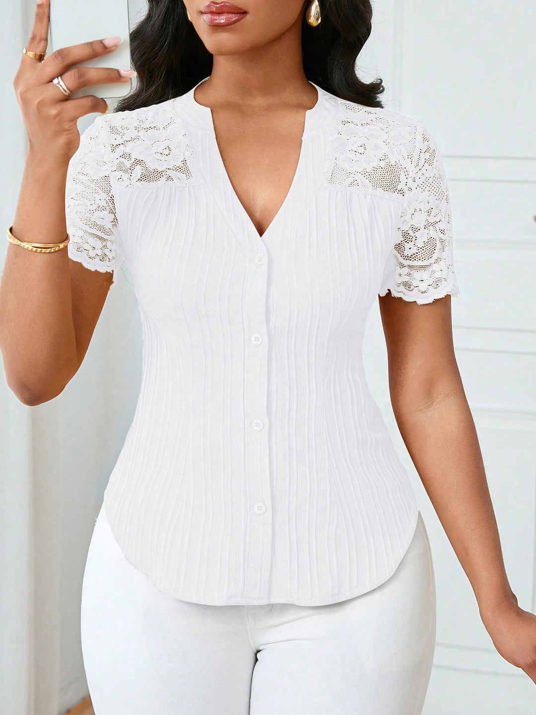 Women's Fitted Short Sleeve Blouse with Lace Sleeves and Button Placket Mune Fashion