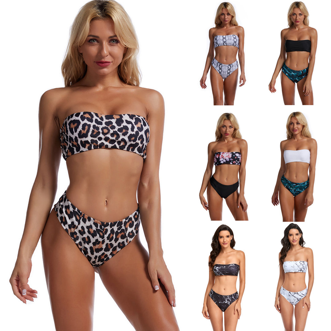 Women's Bandeau Bikini with Floral Top and High Waist Mune Fashion