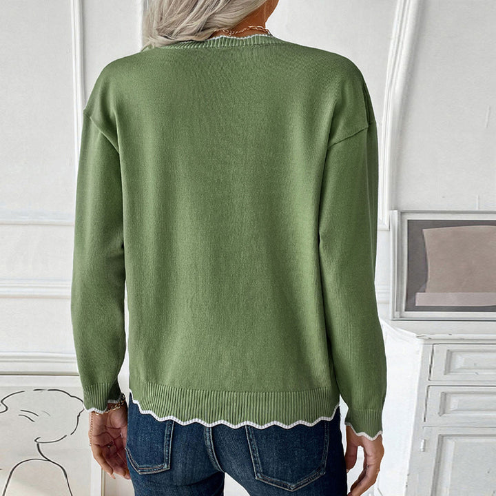 Women fine knit sweater with zip collar and waved contrast edge Mune Fashion