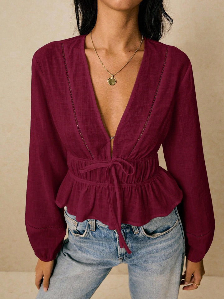 Women Deep Cut Blouse with Drawstring Waist, Ruffled Hem and Decorative Hole Embroidery Mune Fashion