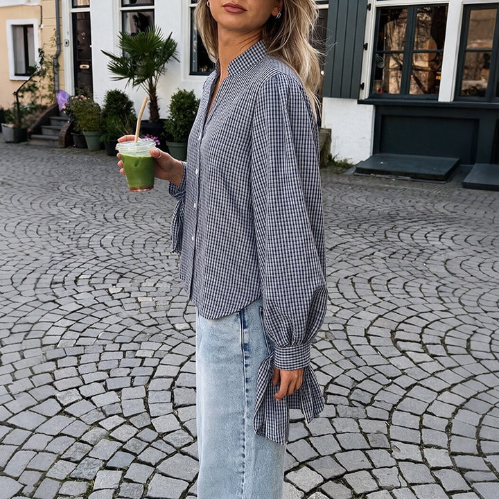 Women loose-fitting Vichy check blouse with stand-up collar, button placket, and tie cuffs