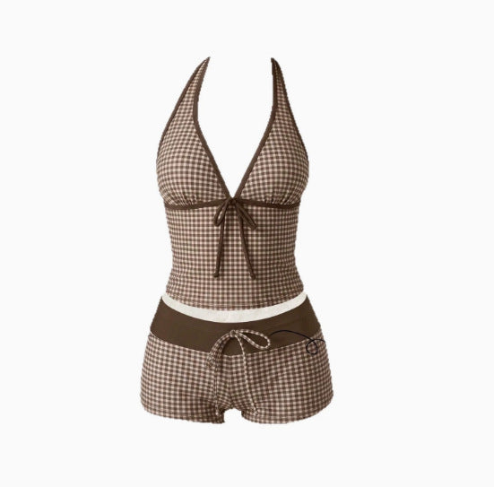 Women's tankini with fashionable polka dot pattern and adjustable halter Mune Fashion