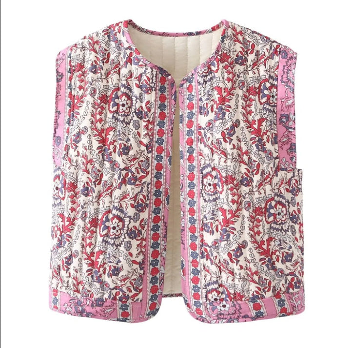 Women's Quilted Vest with Floral Design and Practical Pockets Mune Fashion