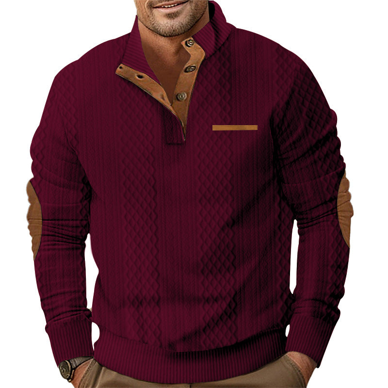 Men's knitted pullover with stand-up collar, button placket and elbow patches Mune Fashion
