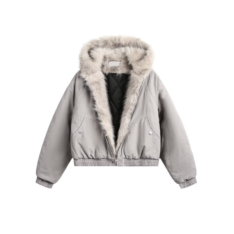 Women Short Cut Quilted Bomber Jacket with Hood and Faux Fur Collar Mune Fashion