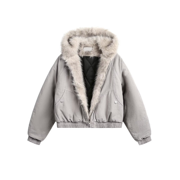 Women Short Cut Quilted Bomber Jacket with Hood and Faux Fur Collar Mune Fashion