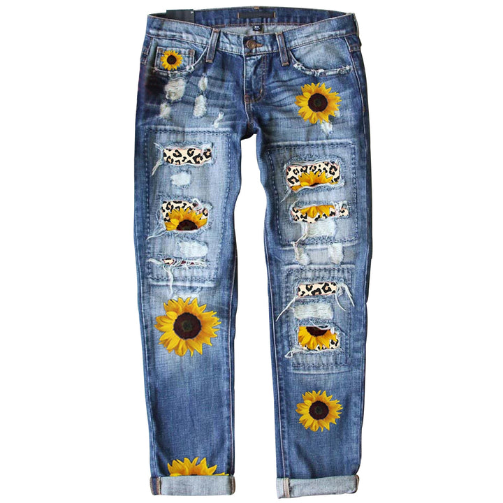 Ladies nan vintage skinny jeans with leopard patches and glitter trim Mune Fashion