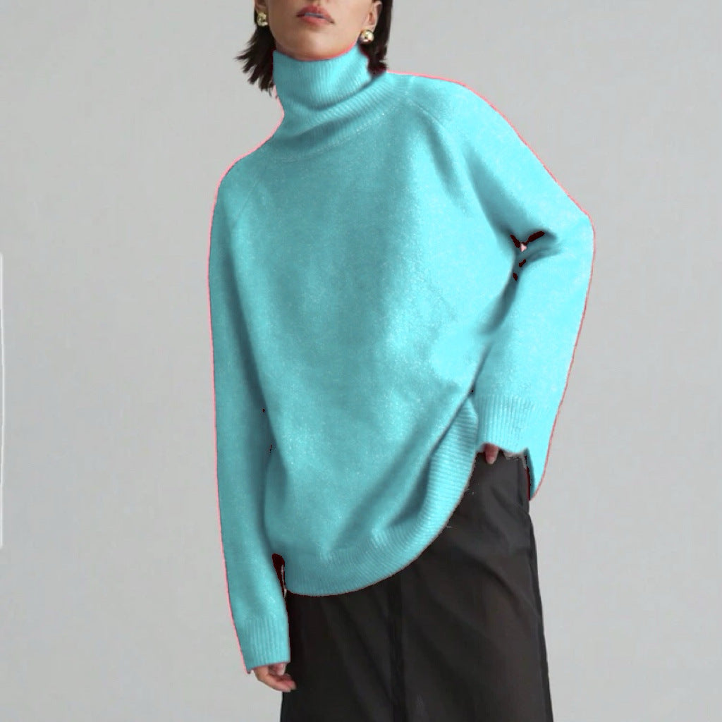 Women's Oversize Turtleneck Fine Knit Sweater with Raglan Sleeves and Side Slits Mune Fashion