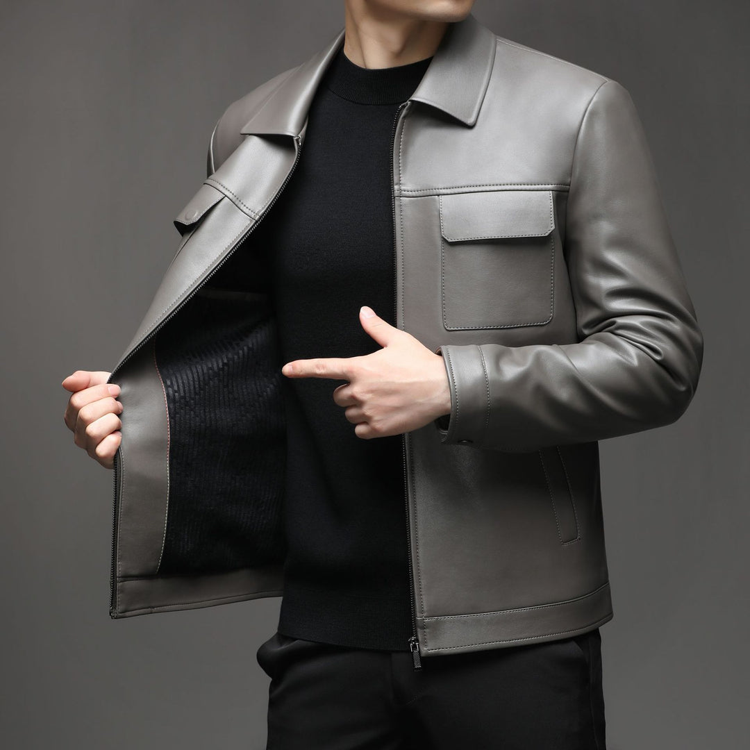 Men Smooth Leather Look Blouson with Chest Flaps and Zipper Mune Fashion