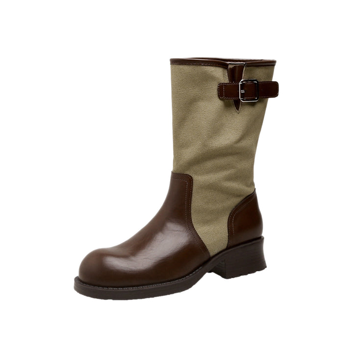 Women Mid-Calf Boots made of smooth leather and canvas with decorative buckle straps Mune Fashion