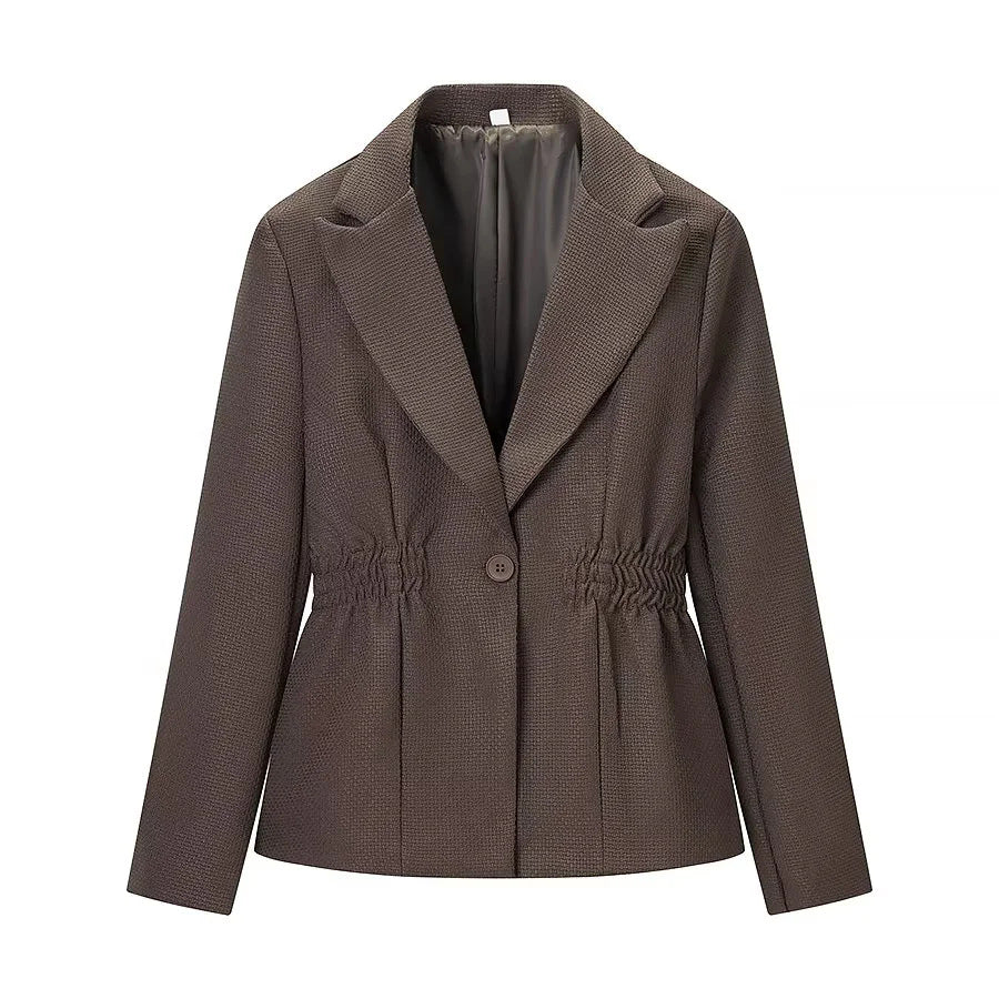 Women's tailored lapel blazer with elastic waist drawstring, single-breasted button placket, and quilted textured fabric Mune Fashion