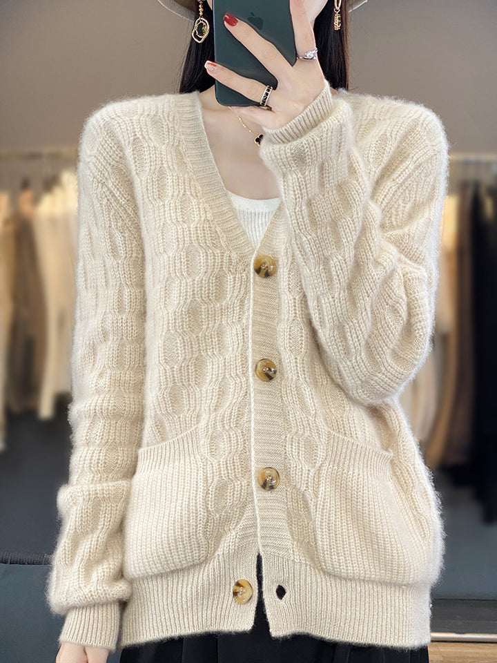 Women's Soft Angora-Look Cable Knit Cardigan with V-Neck and Patch Pockets Mune Fashion