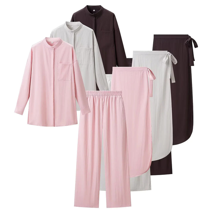 Ladies nan luxurious lounge three-piece set with oversized shirt, elastic waistband pants, and wrap skirt Mune Fashion