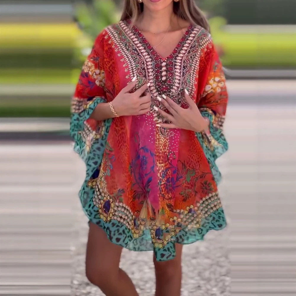Women's short tunic kaftan with embellished V-neck and floral-animal border Mune Fashion