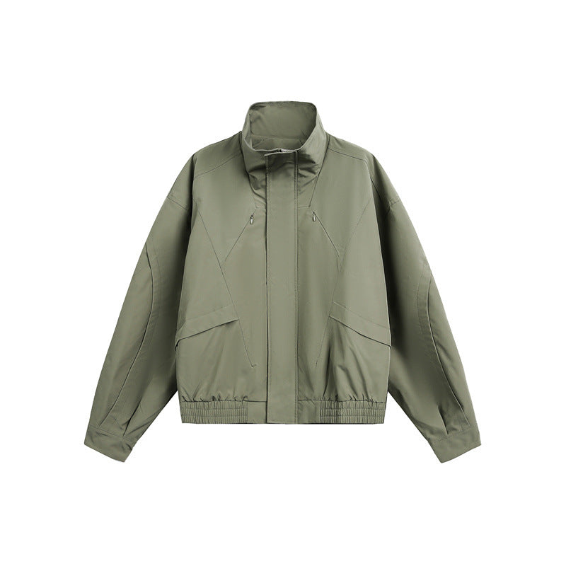 Unisex short jacket in minimalist tech fabric with funnel collar and concealed front placket Mune Fashion