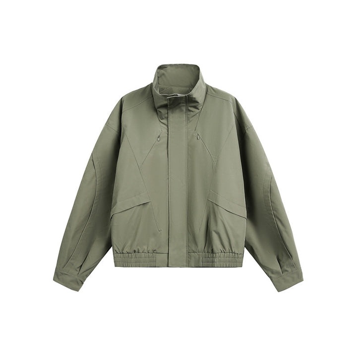 Unisex short jacket in minimalist tech fabric with funnel collar and concealed front placket Mune Fashion