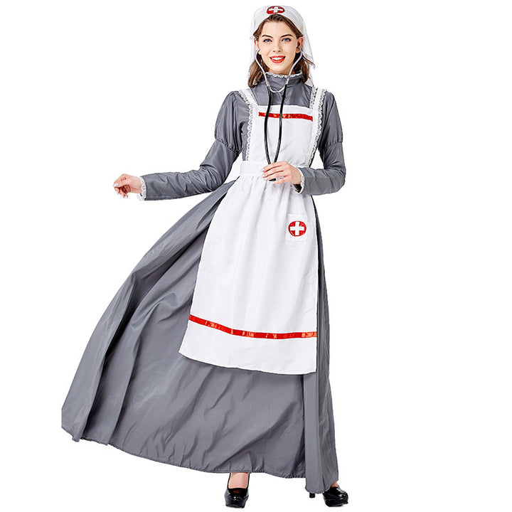 Women's vintage nurse costume with apron and headscarf Mune Fashion