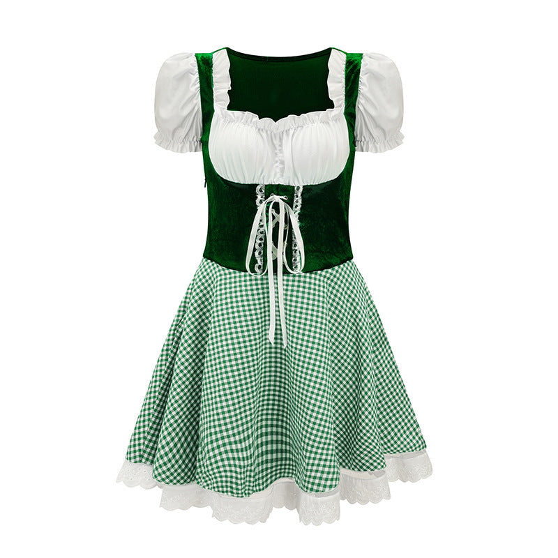 Women’s mini dirndl inspired by Bavarian style with laced bodice, puff sleeves, and checkered skirt Mune Fashion
