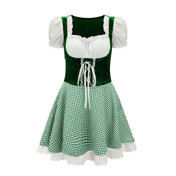 Women’s mini dirndl inspired by Bavarian style with laced bodice, puff sleeves, and checkered skirt Mune Fashion
