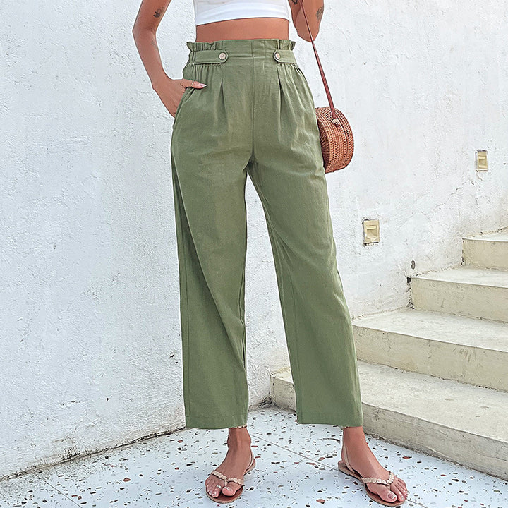Women's High-Waisted Culotte Pants with Pleats, Button Tabulation and Wide Leg Mune Fashion