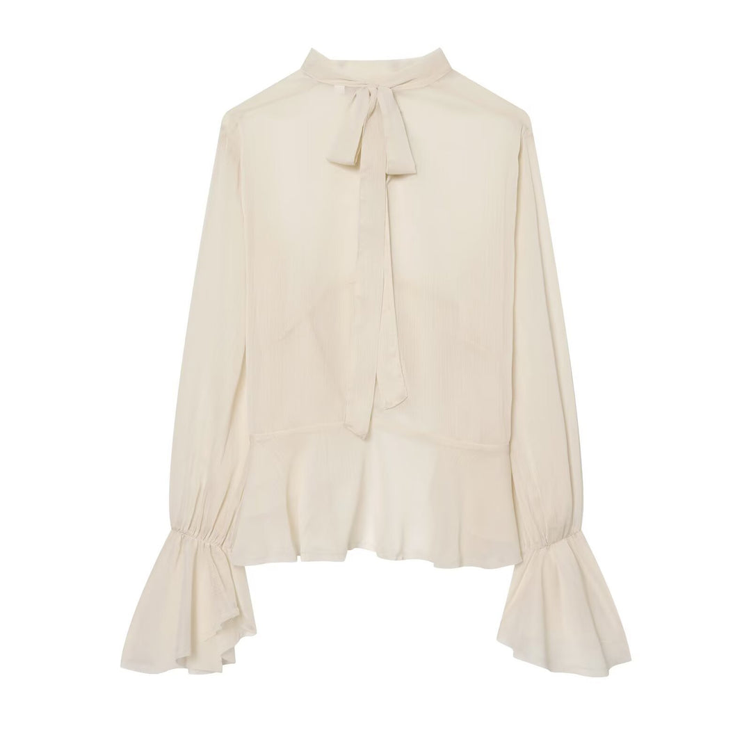 Women's Transparent Chiffon Blouse with Ruffled Back and Bell Sleeves Mune Fashion