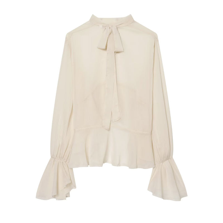 Women's Transparent Chiffon Blouse with Ruffled Back and Bell Sleeves Mune Fashion