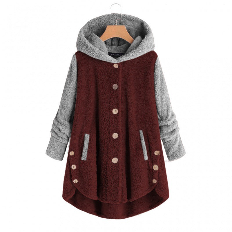 Women's Oversized Teddy Coat with Hood, Asymmetrical Zigzag Hem and Wooden Button Placket Mune Fashion