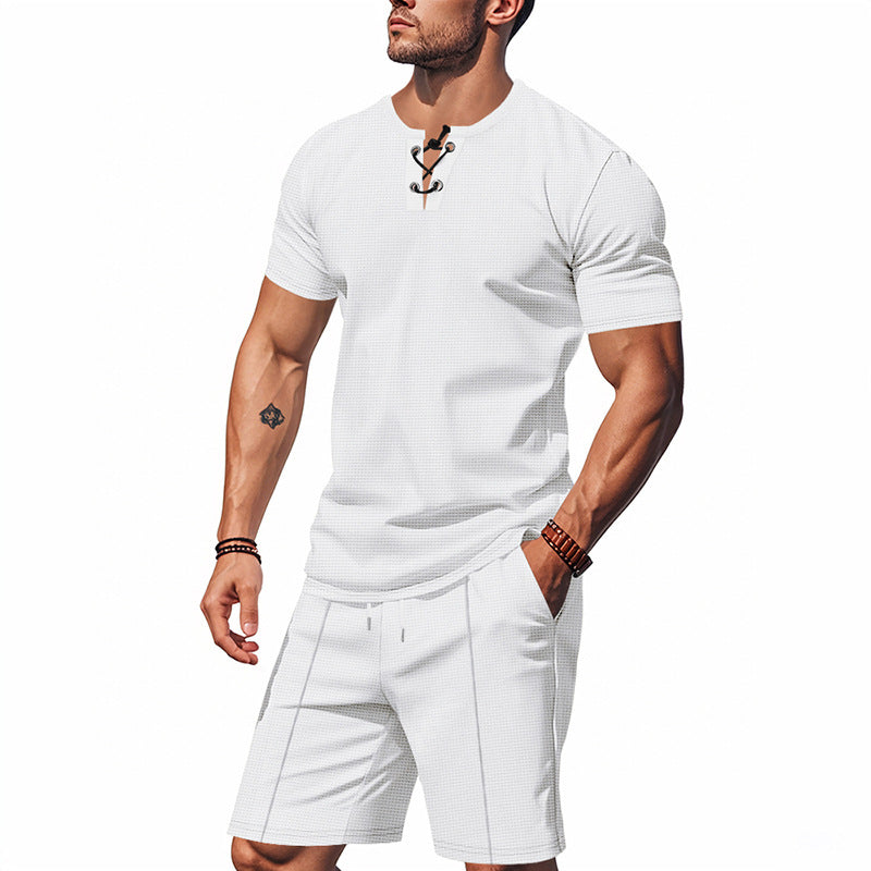 Men's short-sleeved lace-up collar shirt in waffle jersey with pleated Bermuda Mune Fashion