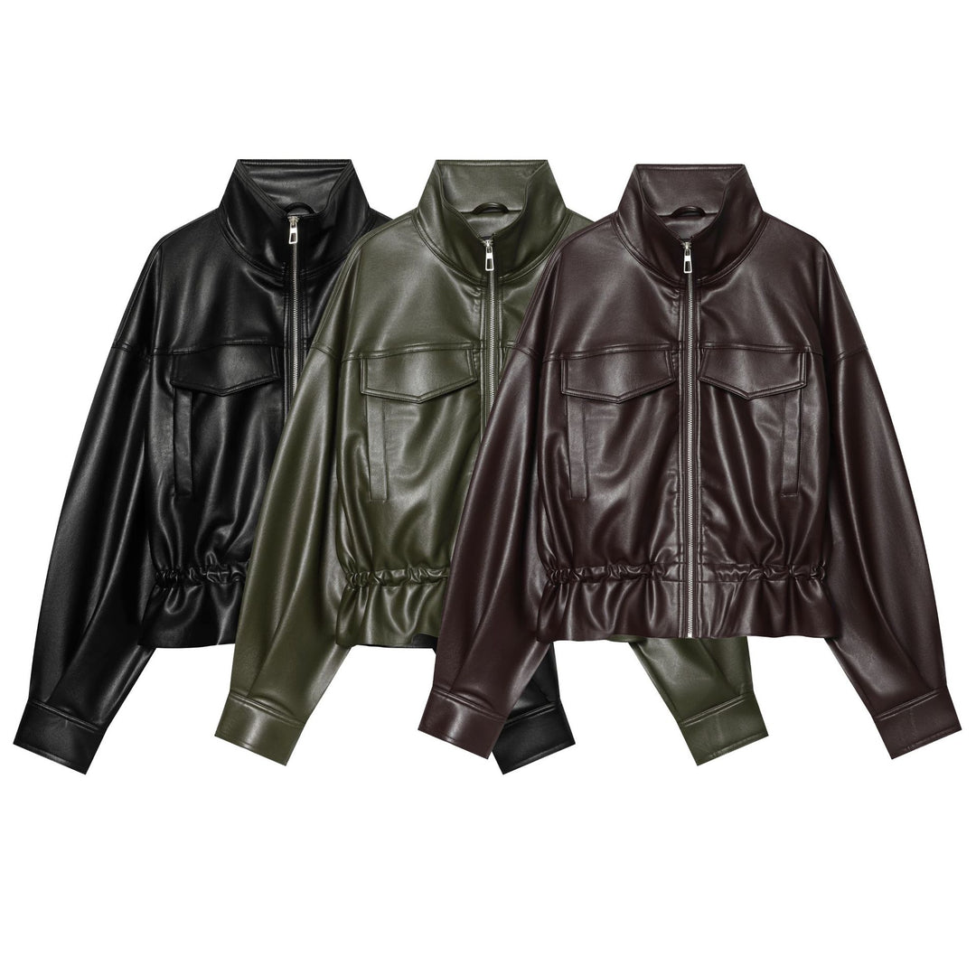 Women's Cropped Faux Leather Blouson with Drawstring, Patch Flap Pockets and High Stand Collar Mune Fashion