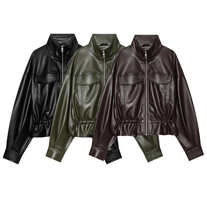 Women's Cropped Faux Leather Blouson with Drawstring, Patch Flap Pockets and High Stand Collar Mune Fashion