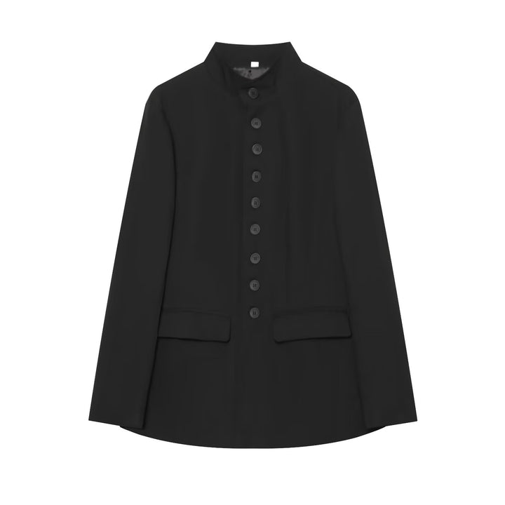 Women's Long Cut Blazer with Stand-up Collar and Full Length Button Placket Mune Fashion