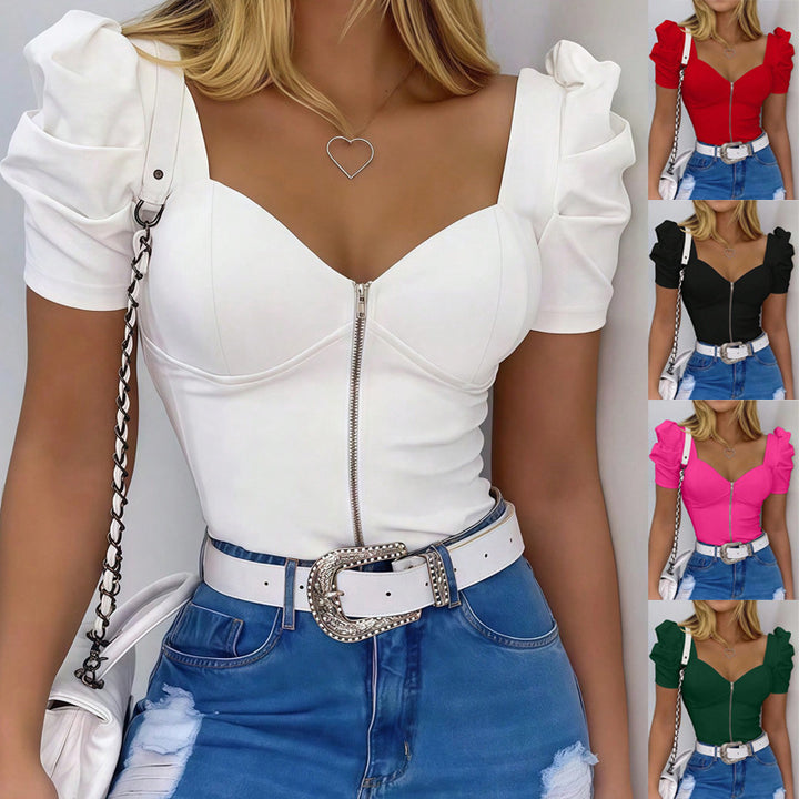 Women Form-Fitting Corset Top with Heart-Shaped Neckline, Puff Sleeves and Front Zipper Mune Fashion
