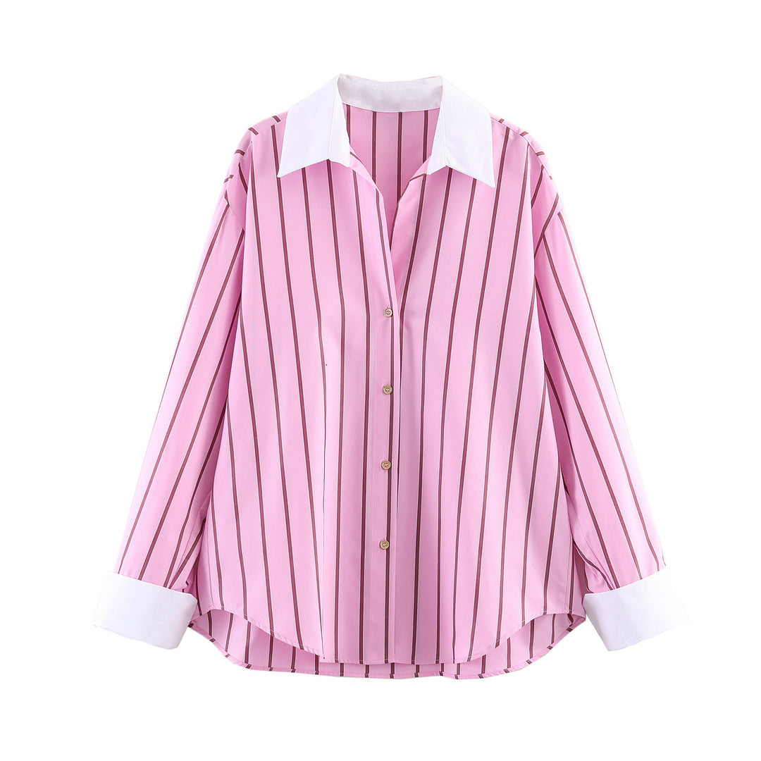 Ladies Oversized Shirt Blouse with Contrast Collar, Cuffs and Vertical Stripe Pattern Mune Fashion