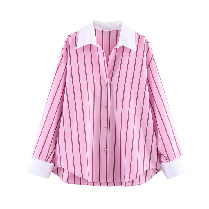 Ladies Oversized Shirt Blouse with Contrast Collar, Cuffs and Vertical Stripe Pattern Mune Fashion