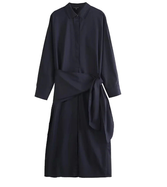 Women Oversized Button-Down Dress with Side Knot Belt and Midi Length Mune Fashion