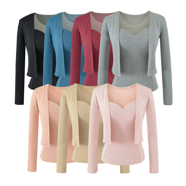 Ladies Two-Piece Fine Knit Top Set with Mesh Insert and Open Cardigan Mune Fashion