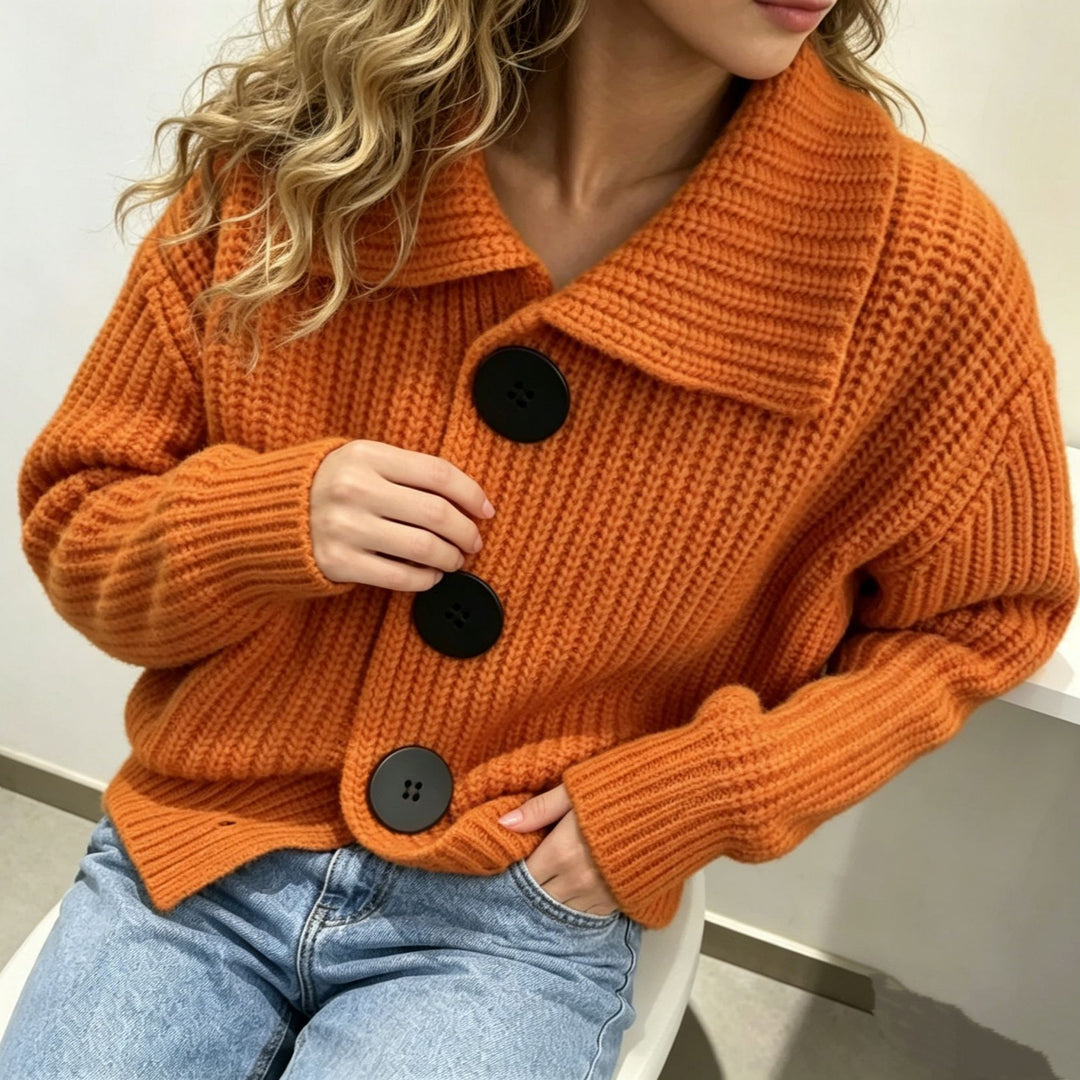 Women Chunky Knit Cardigan with Wide Lapel Collar Mune Fashion