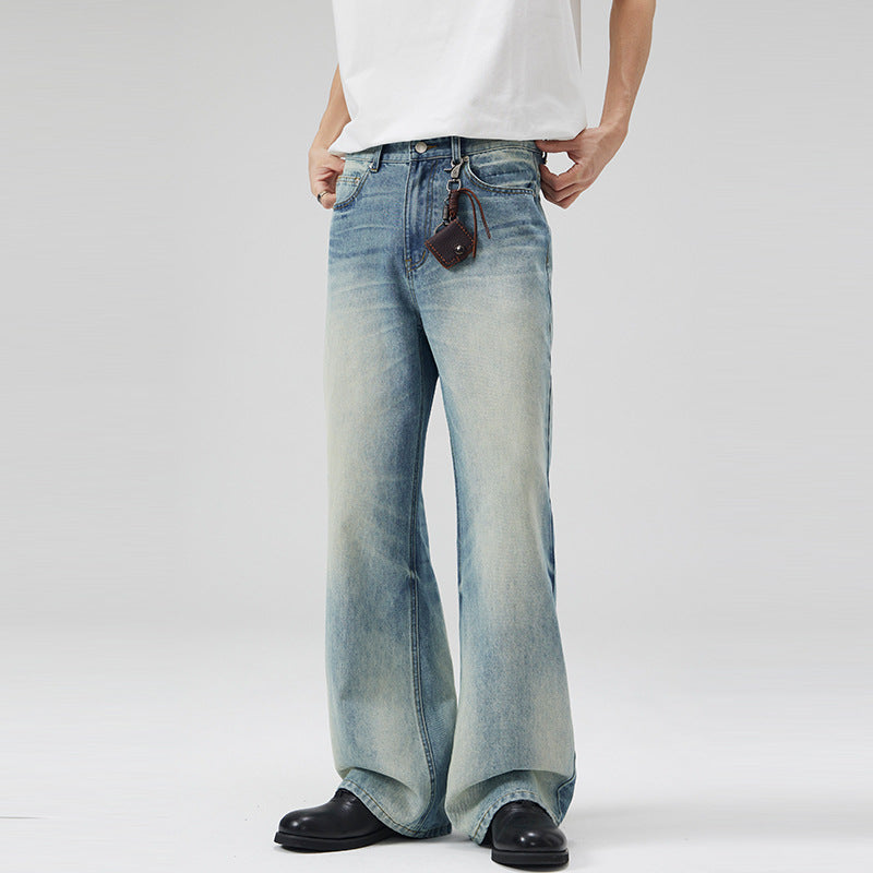 Men's Low-Rise Flowing Denim Flared Pants with Extended Hem and Used Finish Mune Fashion