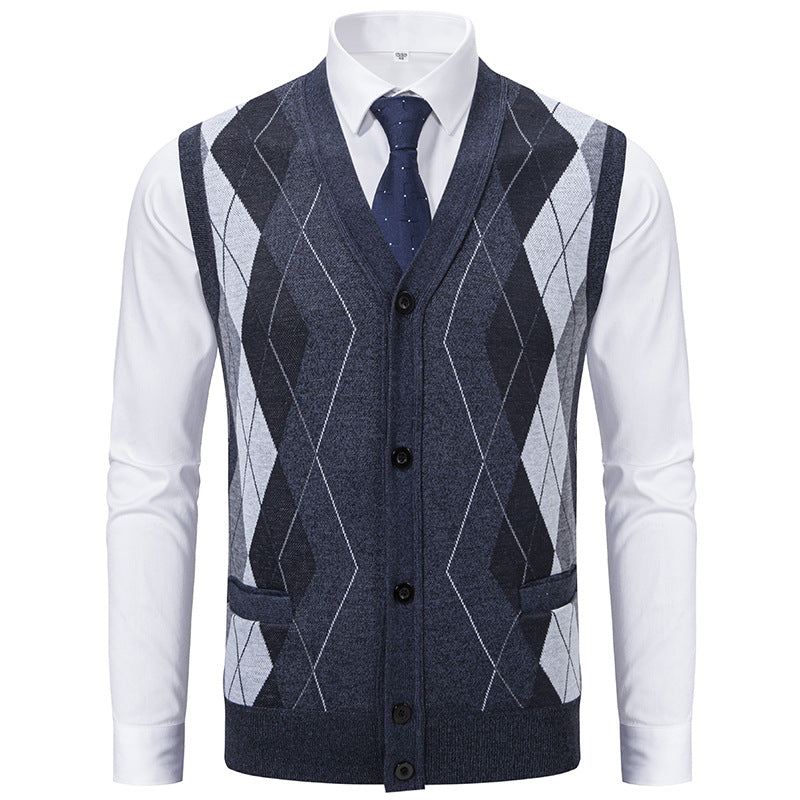 Men's sleeveless wool blend vest with V-neck, Argyle diamond pattern, welt pockets and button placket Mune Fashion