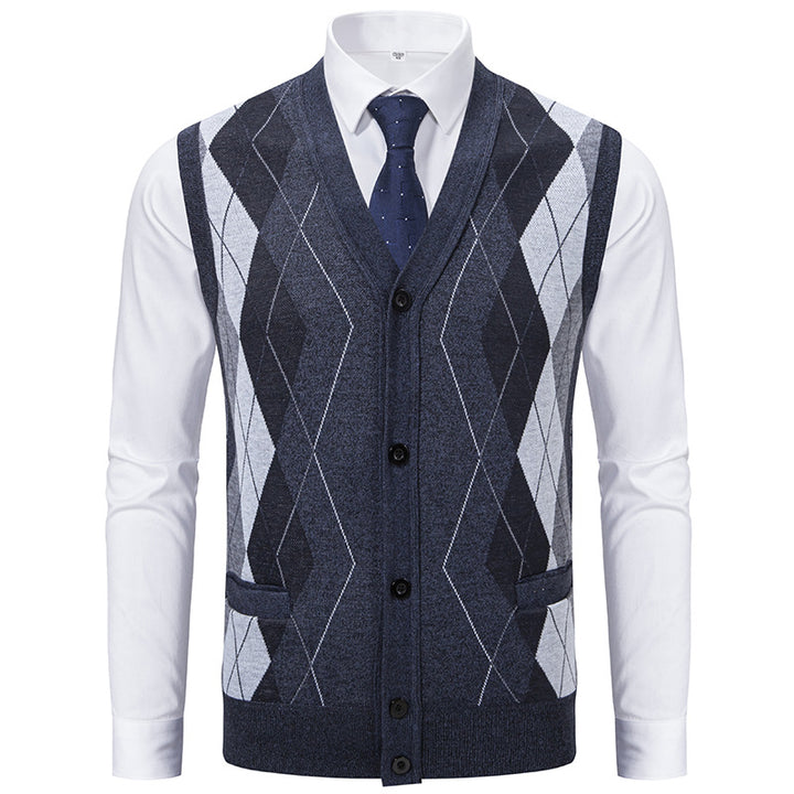 Men's sleeveless wool blend vest with V-neck, Argyle diamond pattern, welt pockets and button placket Mune Fashion