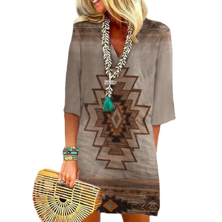 Women's Boho Tunic Dress with V-neck, 3/4 sleeves and geometric ethnic print Mune Fashion
