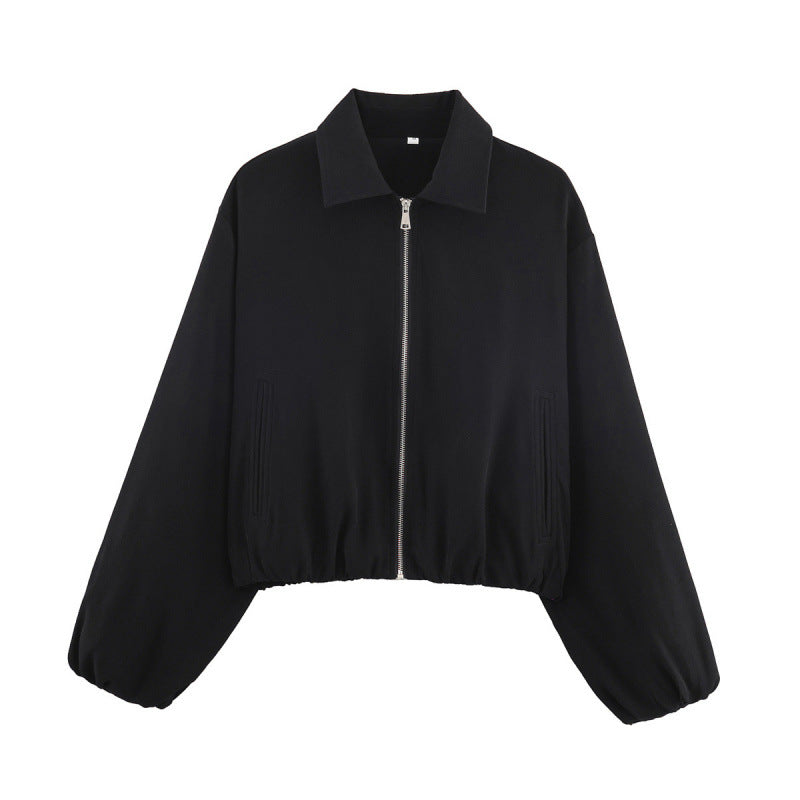 Women Polka Dot Cropped Bomber Jacket in Retro Look with Shirt Collar and Elastic Hem Mune Fashion